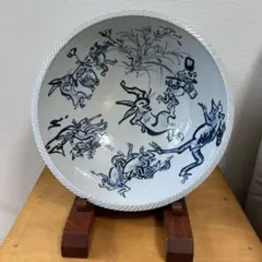 骨董　古伊万里　図変わり印判　動物　波乗り兎　老松　貝フチ　丸鉢　膾皿　１客 骨董 古伊万里 図変わり印判 動物 波乗り兎 老松 貝フチ 丸鉢 膾皿 1