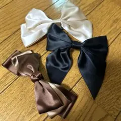 【お買得3点セット】ヘアーアクセ サテン 黒リボン 白リボン 茶リボン 結婚式