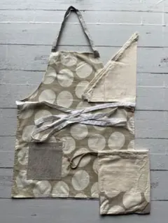 値下げ18ハンドメイドドット柄エプロン&三角巾&巾着3点ベージュ水玉150cm