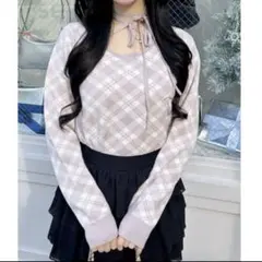 クロスチョーカーチェック柄長袖ニット INGNI ピンク 量産型 ホビ垢 スナ系