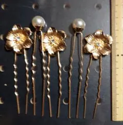 花　パール　ゴールド　かんざし　ヘアアクセサリ Uピン　ヘアフォーク