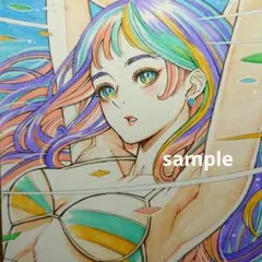 【手描きイラスト 159】オリジナル原画 色紙 美人画 同人「夏色の女の子」