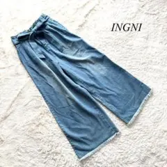 A2【イング】ハイウエストワイドデニムパンツ　フリンジ　青　M ウエストリボン