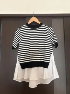 TRUBE ボーダー柄ペプラム異素材ドッキングニットトップス