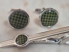 【美品】千鳥格子柄 カフスボタン & ネクタイピン セット モスグリーン レトロ