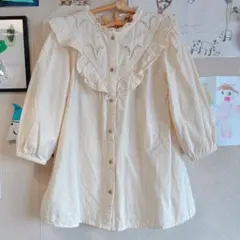 zara クリーム色コーデュロイワンピース　刺繍フリル付き　104