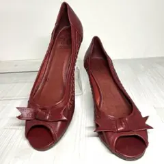 ✨美品✨本革 ウェッジソール パンプス 赤 ボルドー オープントゥ リボン