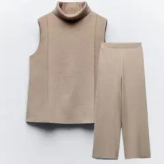 ZARA ベージュ ニット タートルネック パンツセットアップ