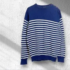 GU ジーユー　カットソー　メンズ　長袖　ニット　ボーダー　L 青　白　丸首