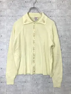 英国製 古着 St.Michael フローラル刺繡 襟付き ニットカーディガン