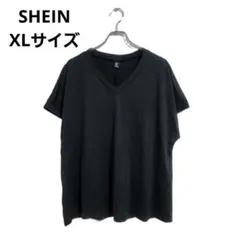 SHEIN Vネック 半袖Tシャツ ブラック ストレッチ入り XL シンプル