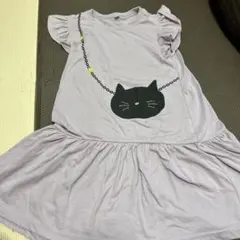 薄紫 猫の顔プリント 半袖ワンピース 120