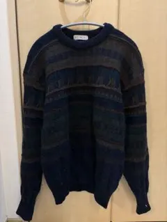 古着 デザインニット　総柄　ヴィンテージ　3Dニットネイビー赤緑黄土色