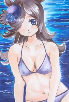 手描きイラスト　ウマ娘　ライスシャワー　水着姿　コピック　原画　萌え絵　美少女