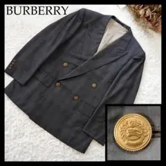 【美品】BURBERRY　バーバリー　金ボタンチェック柄紺ブレザー　Lサイズ