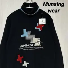 美品 タグ付 マンシングウェア ハイネック ニット 刺繍 ロゴ デサント 黒 L