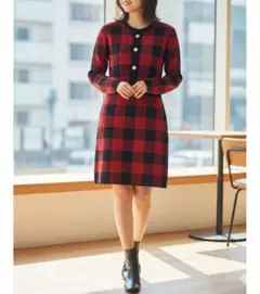 ミシェルマカロン　ニットワンピース　チェック　タイト　長袖　ひざ丈　ボタン