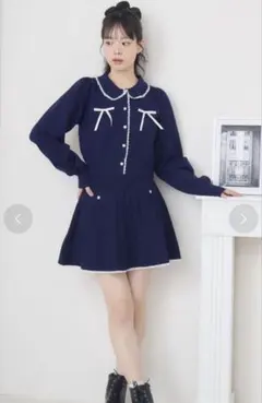 エムズエキサイト　レース付きニットセットアップ　ネイビー