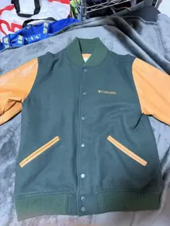 90年代刺繍ワンポイントColumbia 袖丈レザー　スタジャン