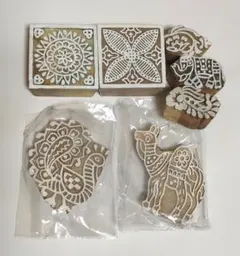インド ブロックプリント 版木 手彫り スタンプ 判子 手彫り7種セット