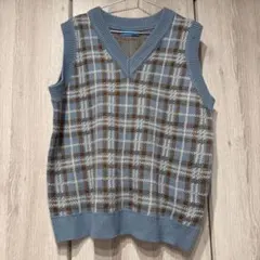 青 チェック柄 ニットベスト Vネック