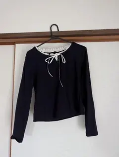 リボン付きネイビー薄長袖Tシャツ XL