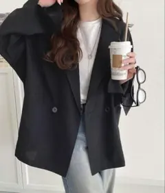 麻調シアー素材ドルマンスリーブオーバーサイズダブルテーラードジャケット