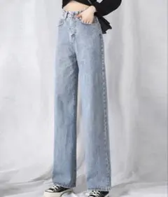 サックスブルーデニム ワイドハイウエストパンツ