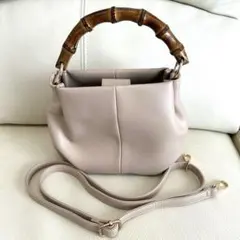 ベージュ バンブーハンドル ハンドバッグ 2way
