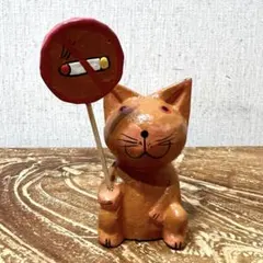 ノースモーキング桃猫さん 人形 猫の置物 木製 バリ雑貨 禁煙看板 喫煙看板
