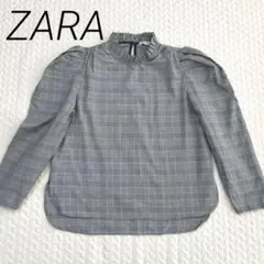 美品 ZARAグレー系チェック パフスリーブ　フリルネックブラウス　トップスＬ