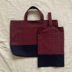 nana@様専用！①チェック赤+無地紺 トートバッグ、上靴袋、セット