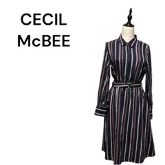 CECIL McBEE 長袖☆ストライプ　ワンピース　ウエストリボン　襟付き
