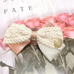 【新品】リボンバレッタ　ヘアクリップレース付きリボンヘアピン ピンク アイボリー
