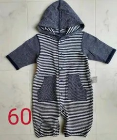 【ユニクロ】ベビー　フード付き　カバーオール　ネイビーボーダー　60センチ