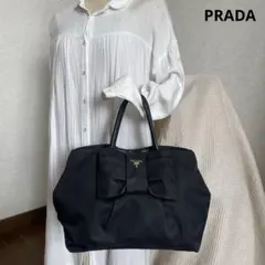 ◇ PRADA プラダ ハンドバッグ ナイロン×レザーブラック リボン ◇