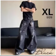 【残り1点】ブラック　極太　バギーデニム 　XLサイズ　ワイドデニム　地底人似