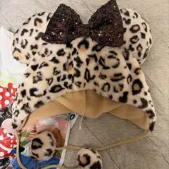 ヒョウ柄ファンキャップ スパンコールリボン付き