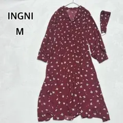 イング 長袖 花柄ロングワンピース ボルドー M レトロ 大人可愛い i5641
