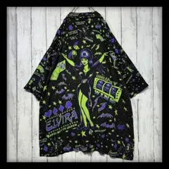 【VINTAGE】ラスベガスモチーフ半袖総柄アロハシャツ☆開襟☆ブラック☆XLのサムネイル