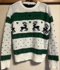 クリスマス柄ニットセーター　白緑黒　トナカイ