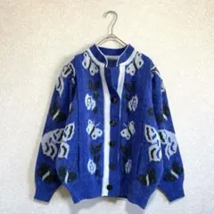 ジャガードニットカーディガン 蝶々柄 ゆったり ヴィンテージ ブルー F