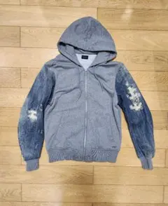 DIESEL パーカーL デニム切替 ダメージ加工 ジップアップ グレー　未使用