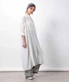 O422フリークス長袖ロングシャツワンピースオフホワイト白無地コットン綿春秋冬