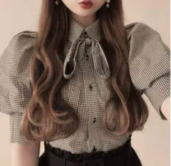 リボンタイ付きギンガム柄パフスリーブブラウス GRL tu93b