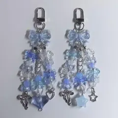 ビーズキーホルダー 水色 2点 リボン ハート 星 青 チャーム ストラップ