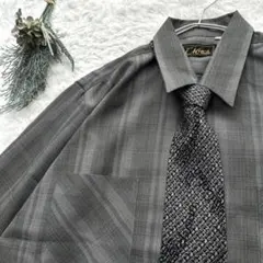 【ネクタイシャツ】 長袖　総柄　チェック　古着　ユニセックス　ゆるダボ　グレー