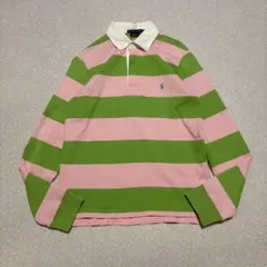 RALPH LAUREN ラガーシャツ　ボーダー　長袖　ピンク　黄緑　M