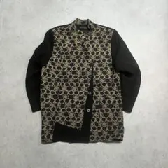 切替デザイン 長袖シャツ ロング丈 ブラック ベージュ スタンドカラー モード