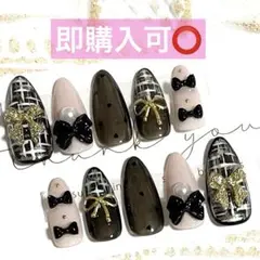 ネイルチップ現品量産型フレンチガーリー韓国ワンホンツイード黒スナ系ちゅるんリボン